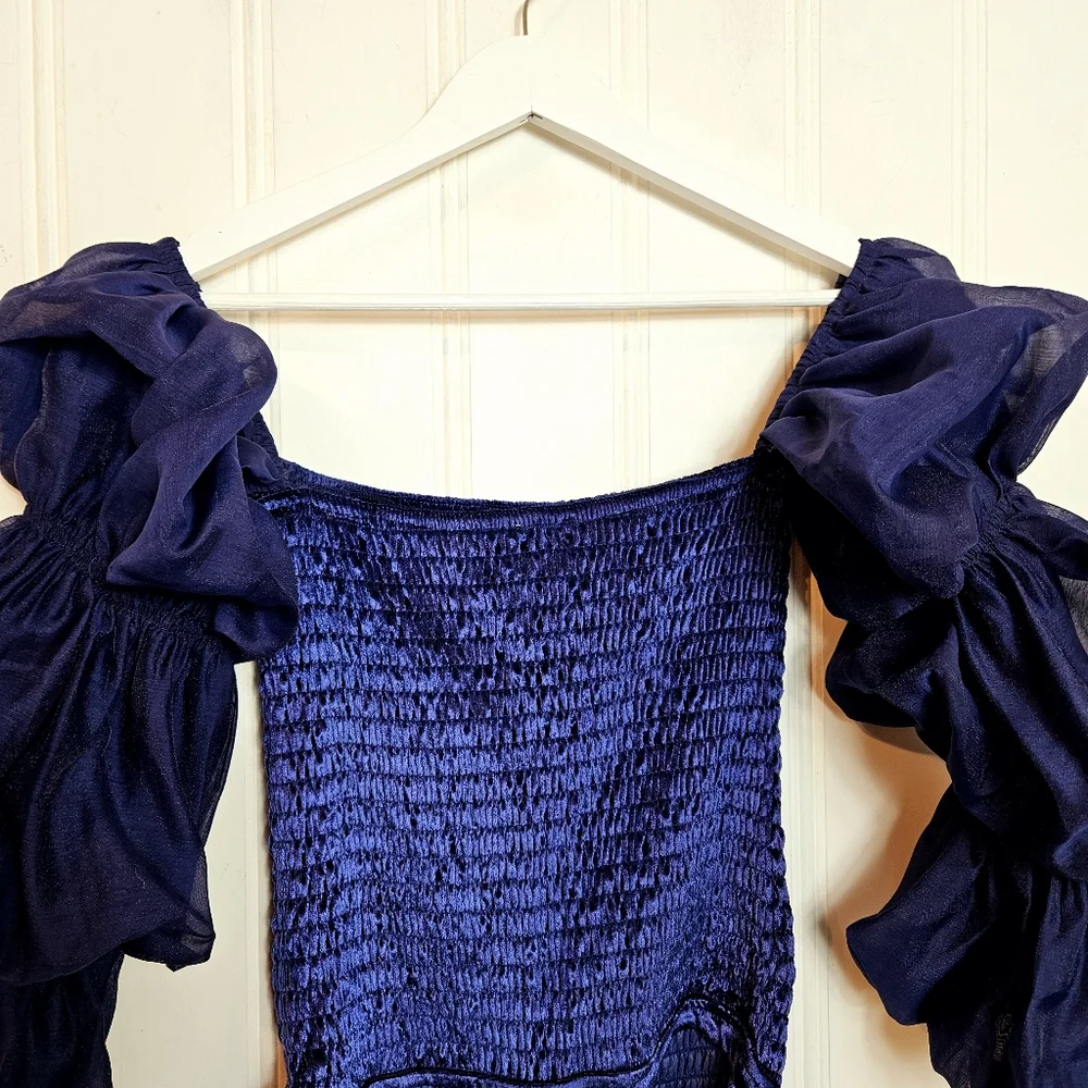 Free People Bodysuit Sz S Girls Just Wanna Velvet Smocked Puff Sleeve Navy Marin